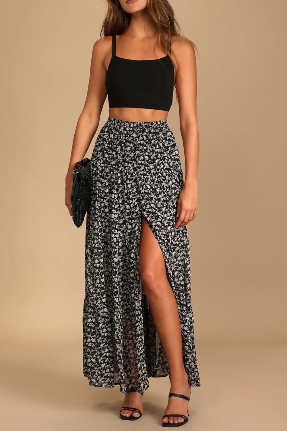Casual Style Floral Print Tiered Maxi Skirt