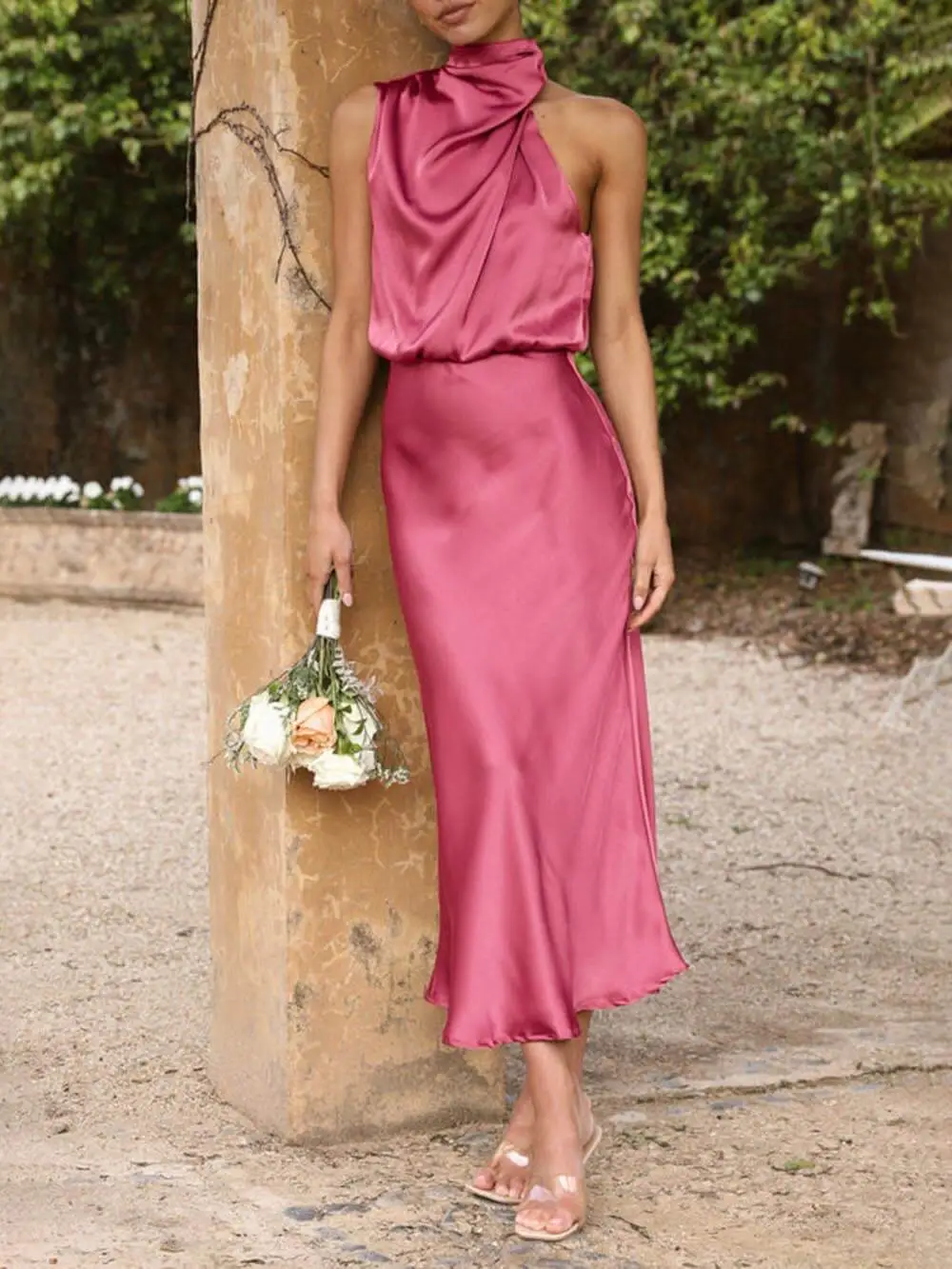 Bridesmaid Sleeveless High Neck Dresses Midi Dress