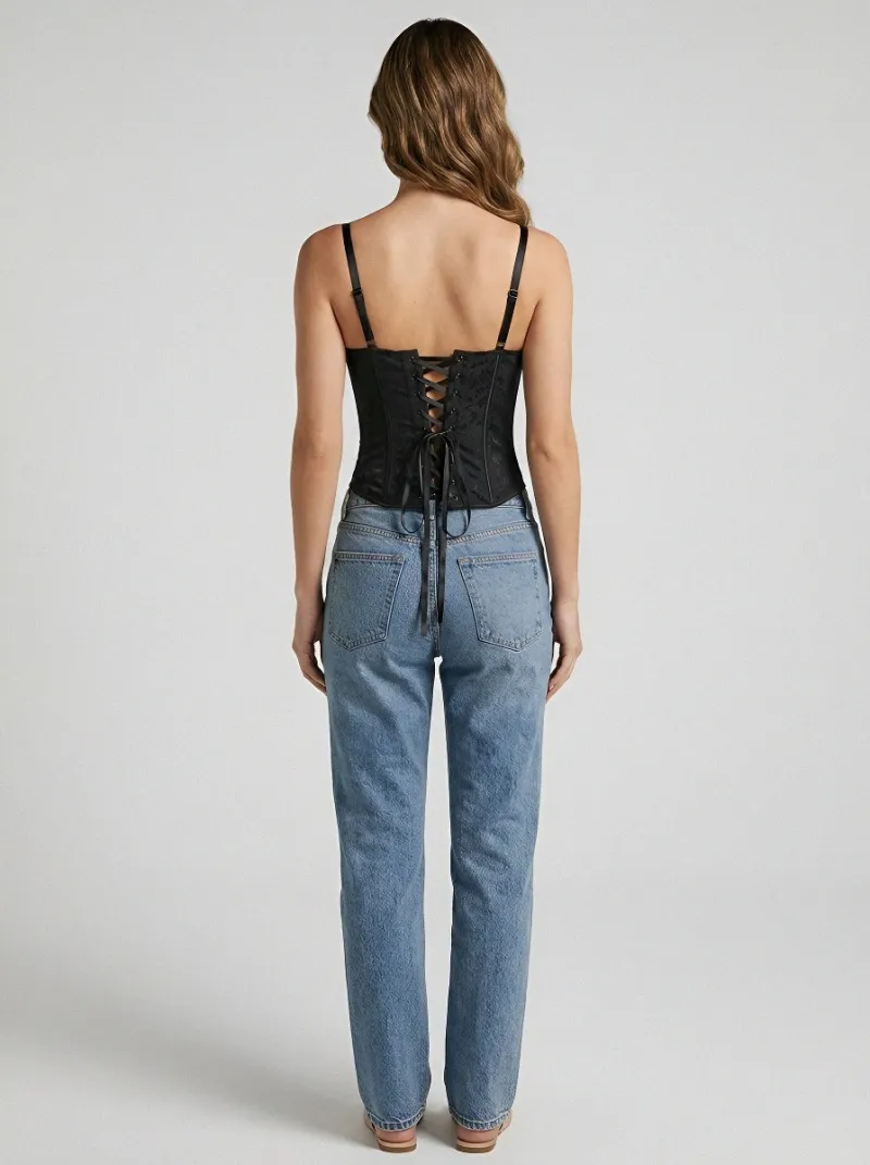 Jacquard Lace-Trim Gothic-Inspired Hook-Front Women's Corset Top