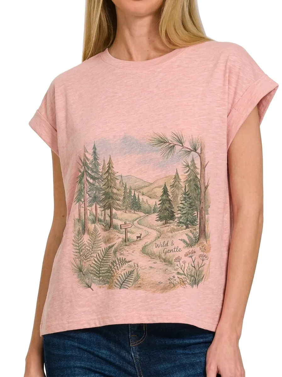 Women's Nature Lover Wild & Gentle Forest Path Printed T-shirt