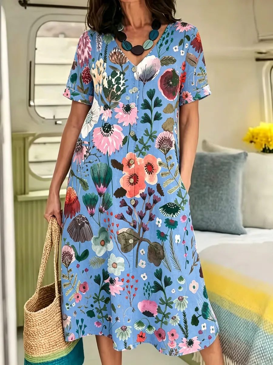 Women's Cotton And Linen Floral Printed Dress
