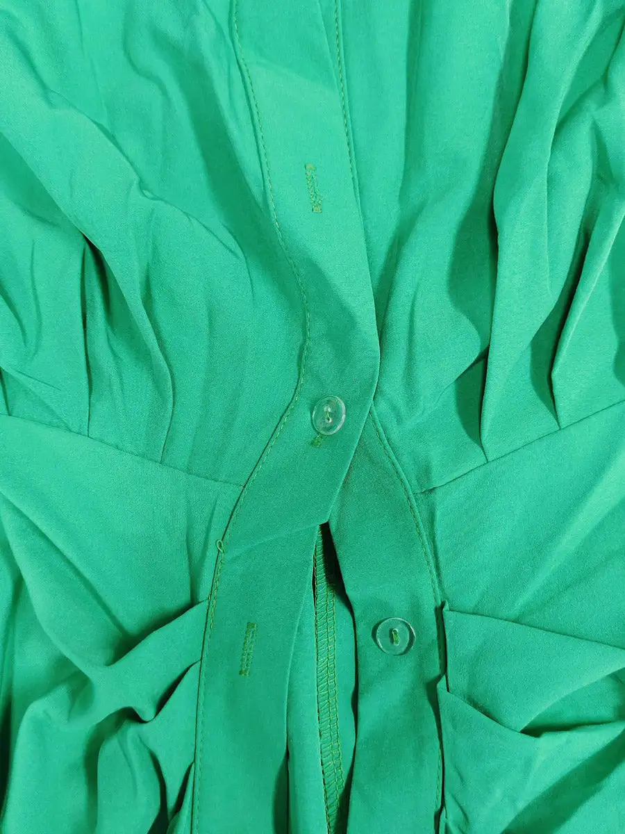 Elasticated Pleated Buttoned Shirt Maxi Dress