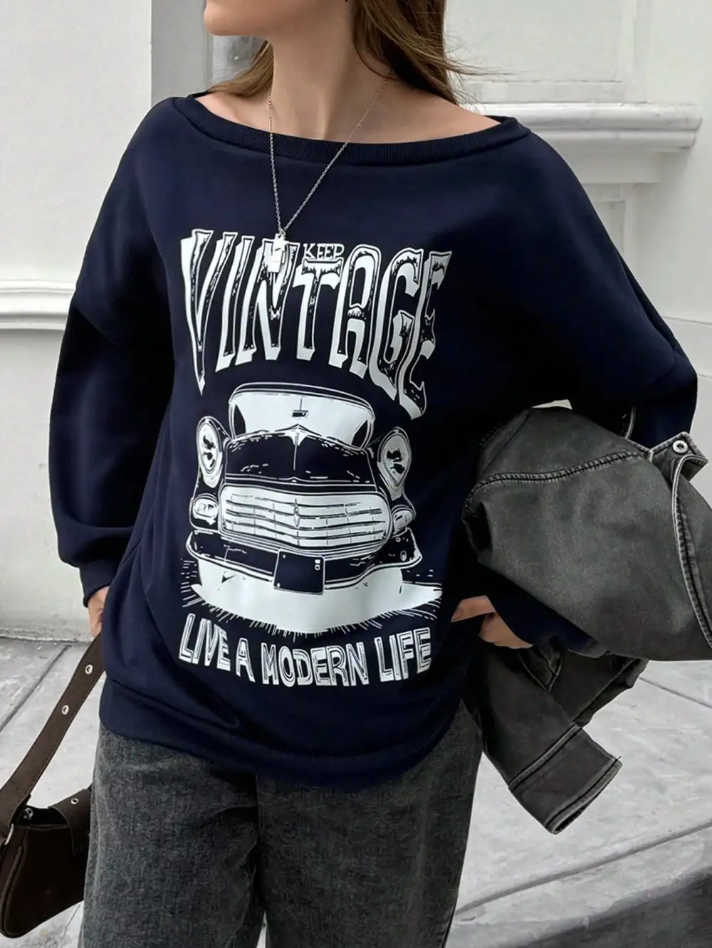 Women Car Letter Graphic Car Graphic Sweatshirt
