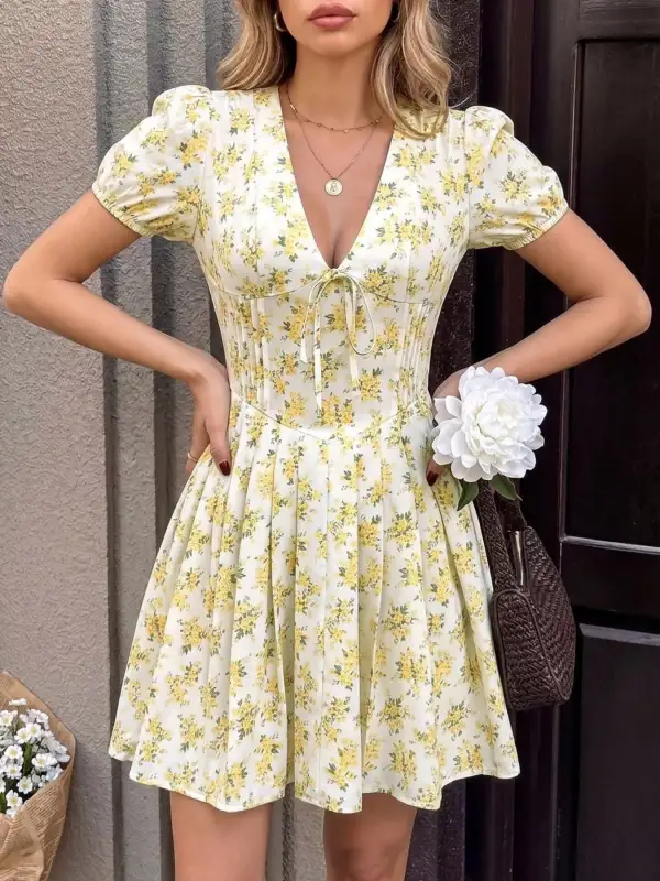 Elegant V Neck Floral Mini Dress