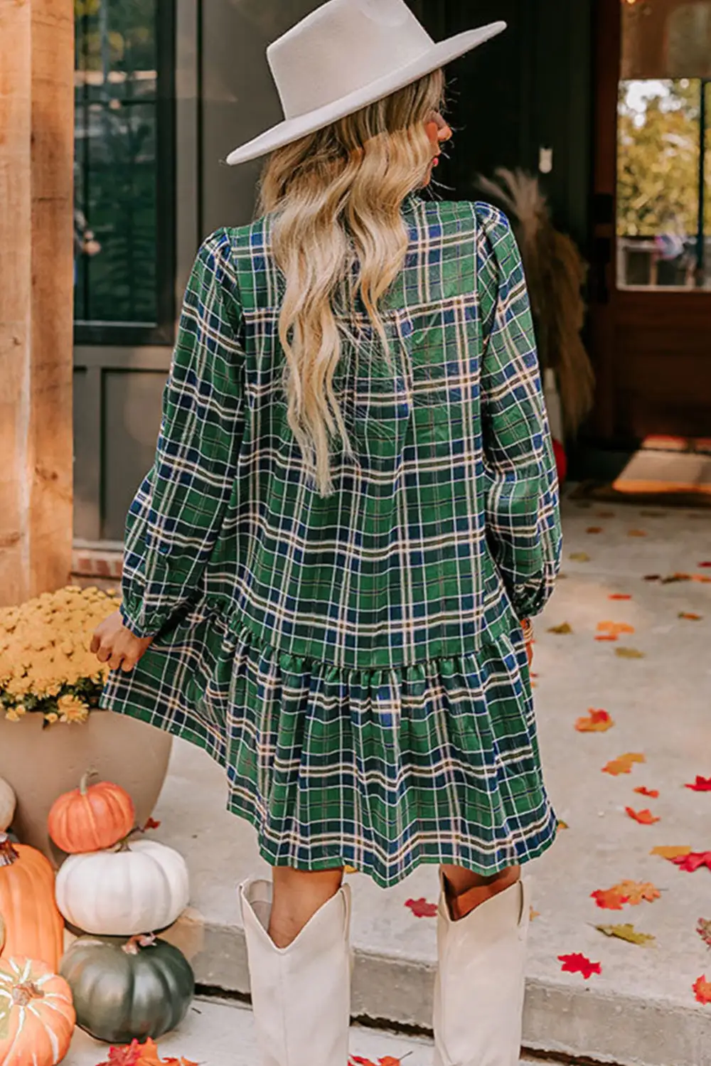 Plaid Print Frilly Collar Long Sleeve Shift Mini Dress Chic