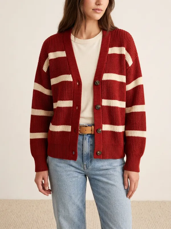 Varsity Inspired Distinctive Rugby Striped Knit Cardigan