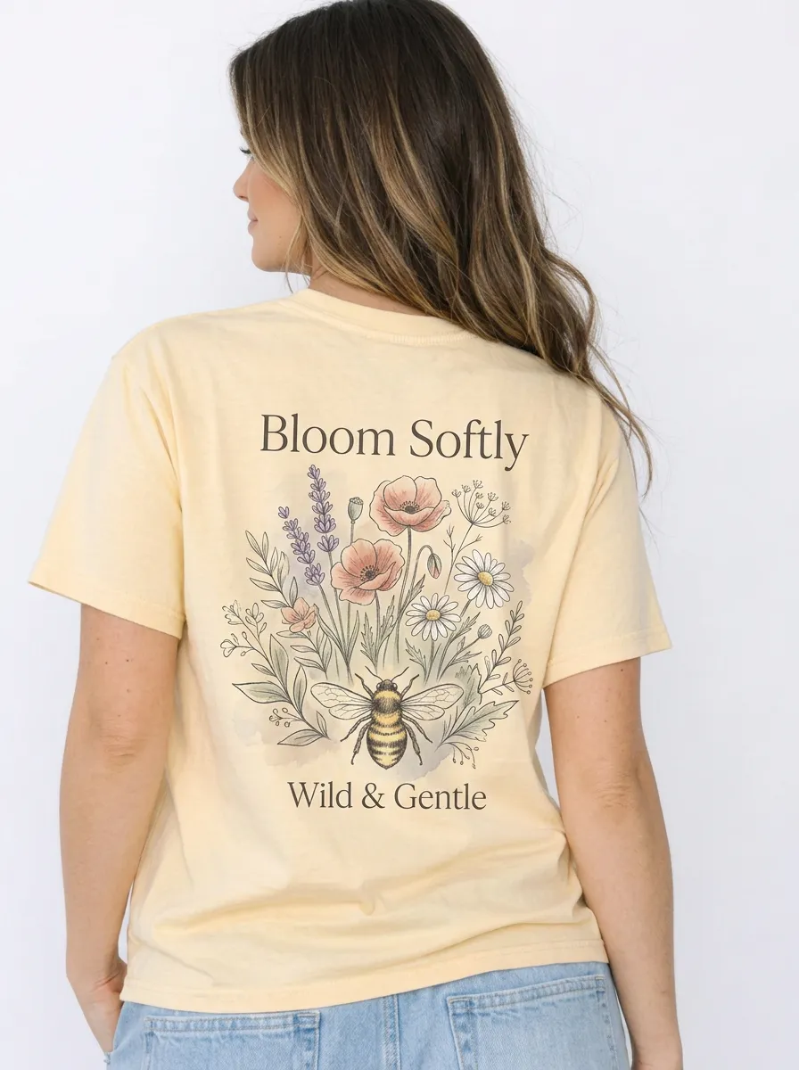Women's Nature Lover Bee Floral Bloom Softly Printed T-shirt