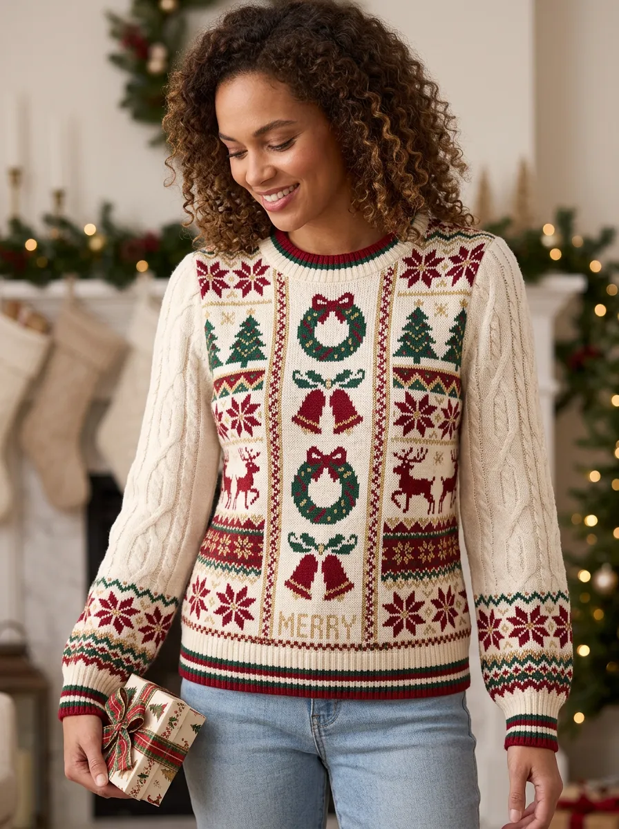 Christmas Reindeer Wreath Bell Pattern Print Sweater