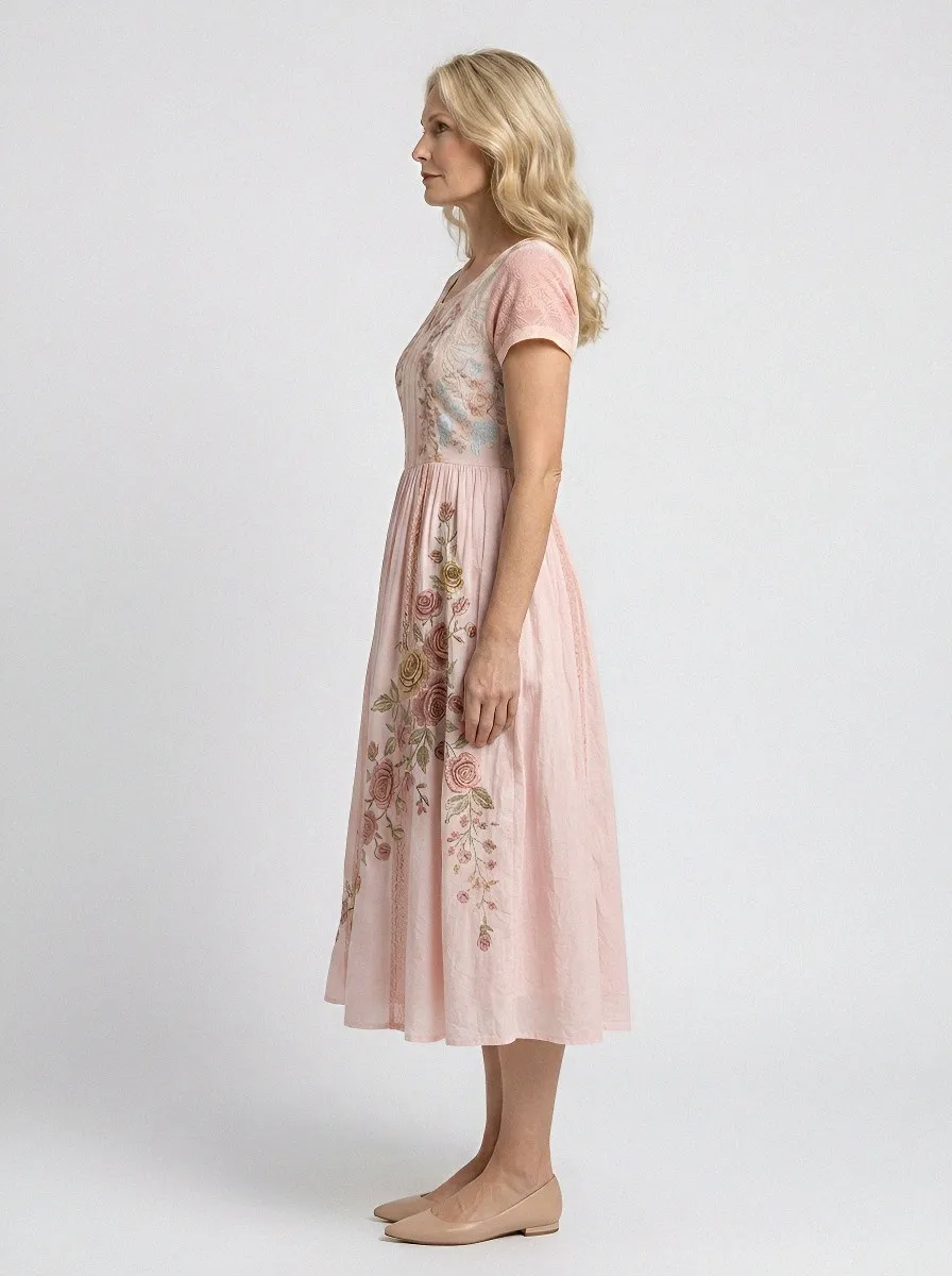 Women's Breast Cancer Awareness Rose Floral Embroidered Printed Dress