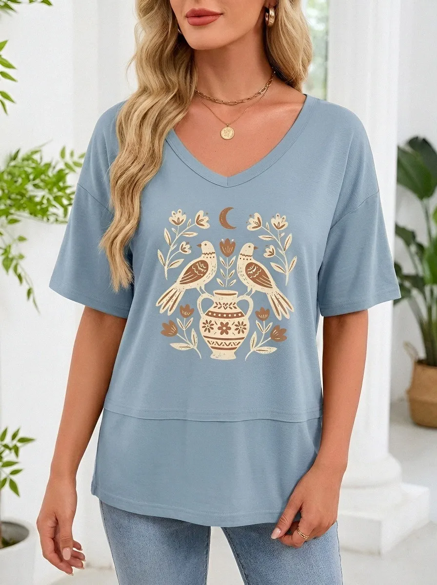 Women's Boho Bird Floral Vase Moon Printed V-Neck T-Shirt