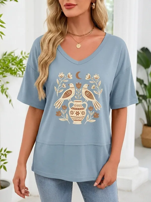 Women's Boho Bird Floral Vase Moon Printed V-Neck T-Shirt