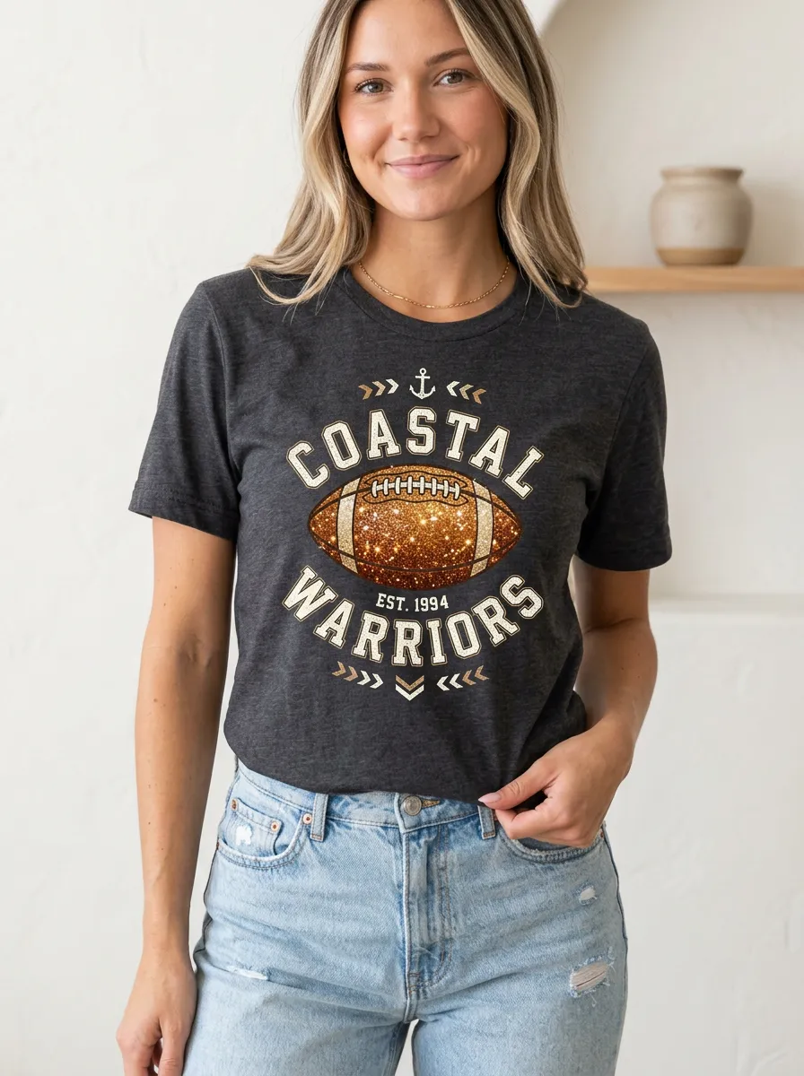 Women's Bold Football Ball Sparkle Crew Neck Graphic T-Shirt