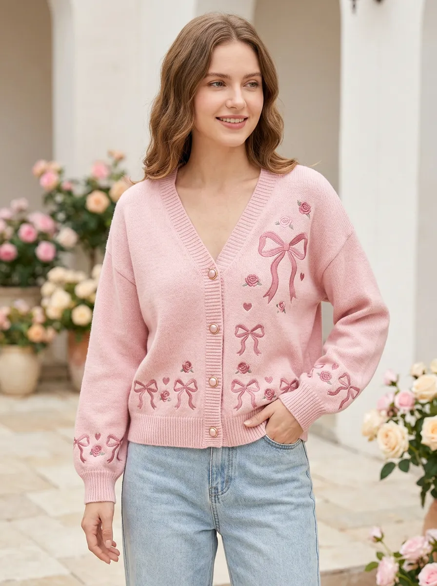 Women's Delicate Floral Embroidered Ribbon Bow Printed Cardigan