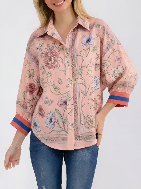 Women's Floral Butterfly Pattern Printed Button-Down Shirt