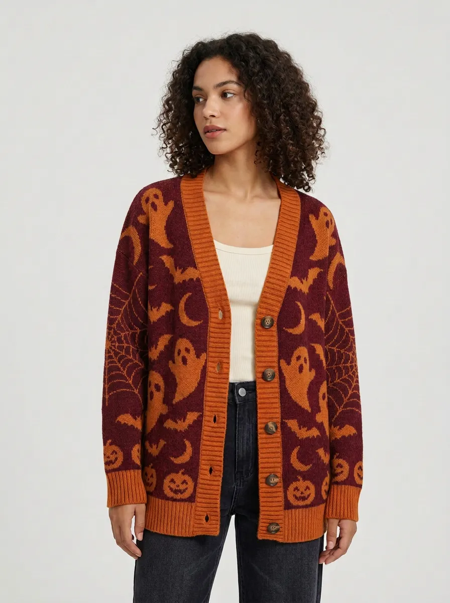 Women's Ghost Pumpkin Bat Spiderweb Halloween Knit Cardigan