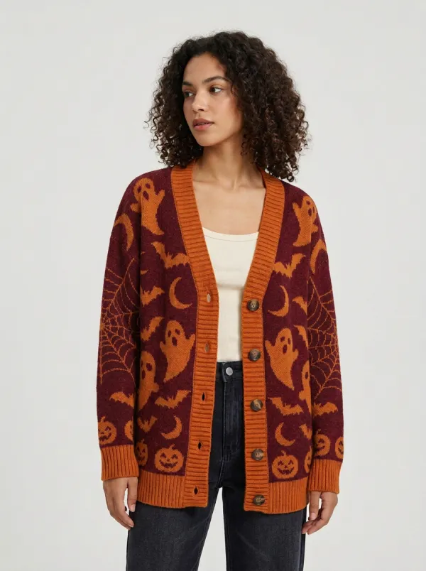 Women's Ghost Pumpkin Bat Spiderweb Halloween Knit Cardigan