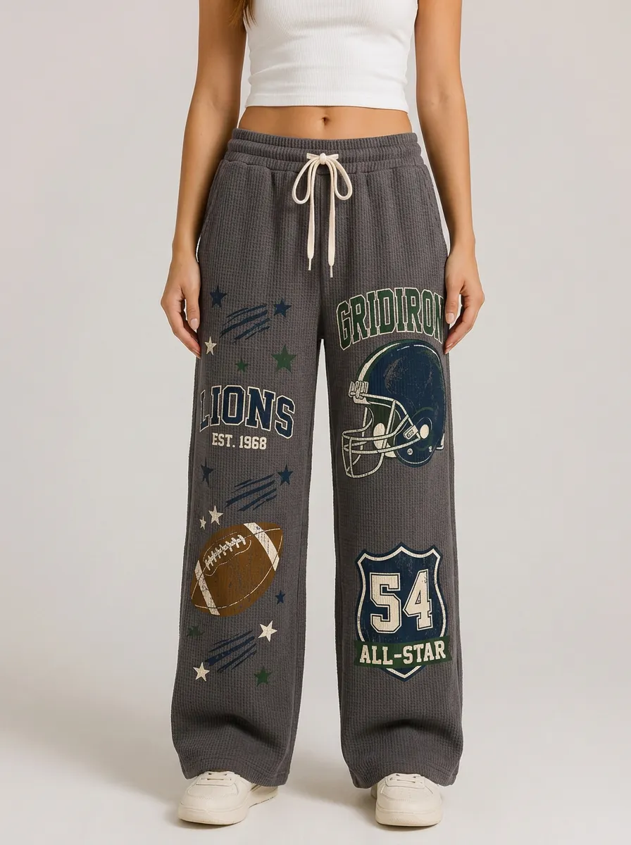 Women's Football Fan Gridiron Lions Helmet Printed Waffle Pants