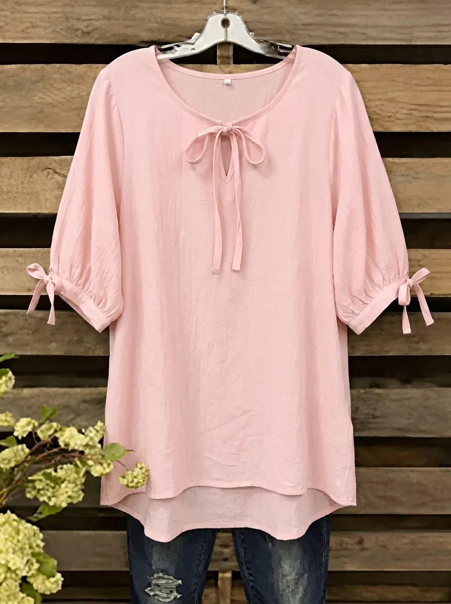 Women's Round Neck Tie-neck Bow-detail Blouse