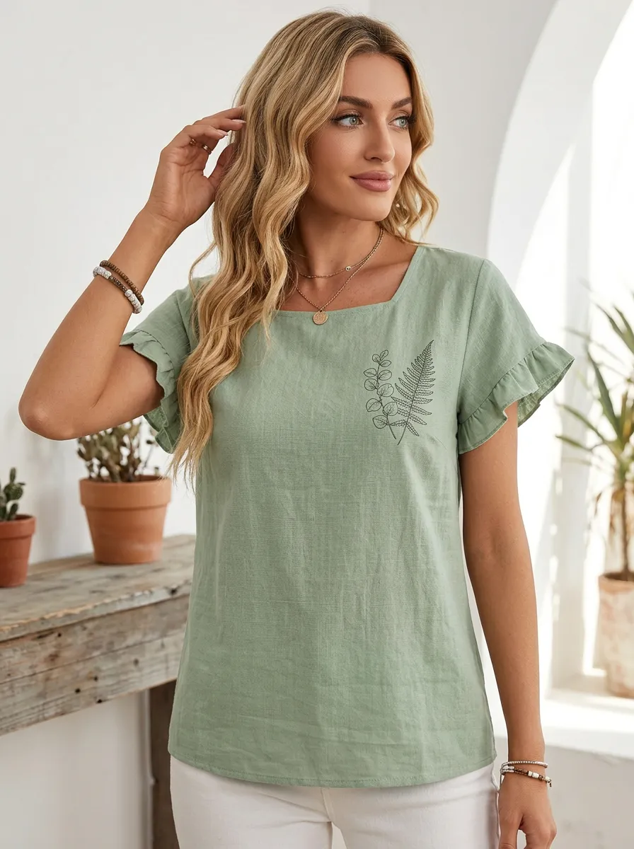 Women's Botanical Nature Lover Fern Leaf Printed Ruffle Sleeve Top
