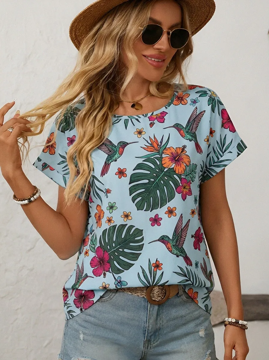 Hummingbird Hibiscus Tropical Women's Loose Printed T-Shirt