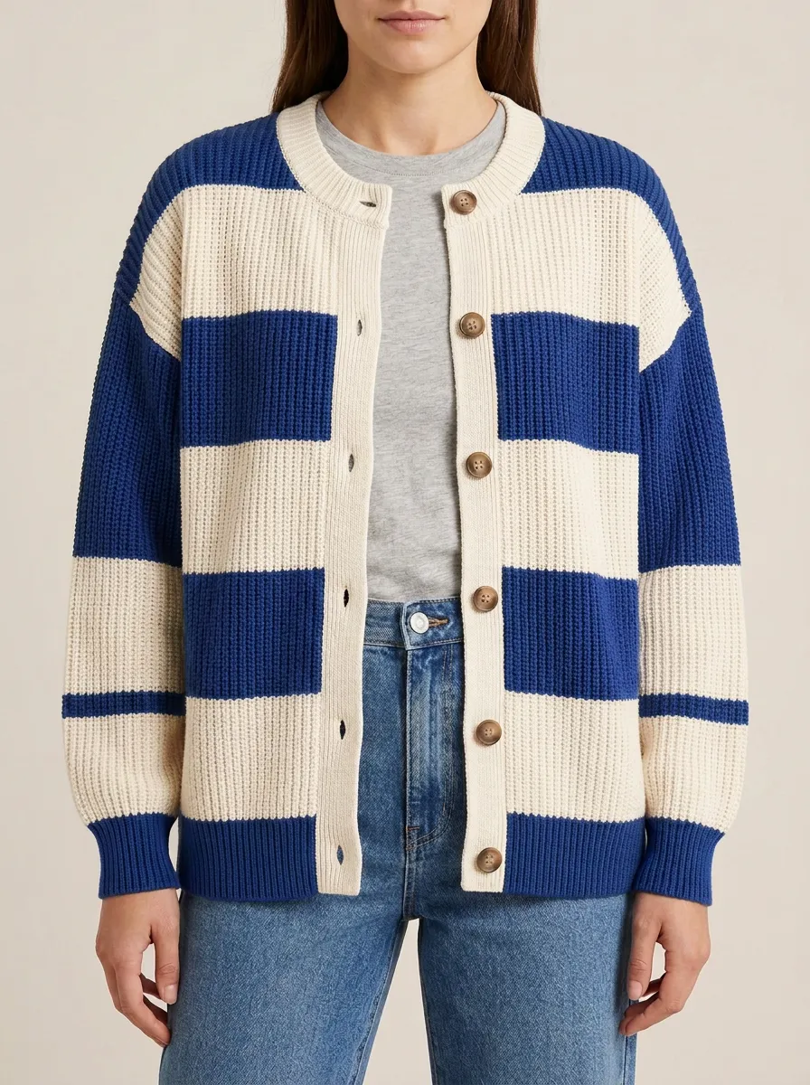 Casual Distinctive Rugby Striped Knit Cardigan