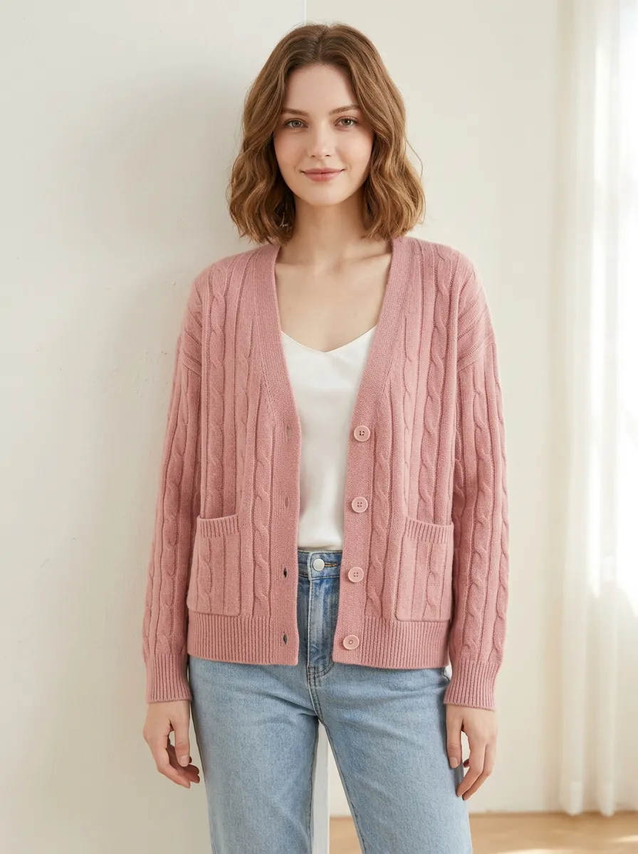 Women's Pink Casual V-Neck Cable Knit Buttoned Cardigan