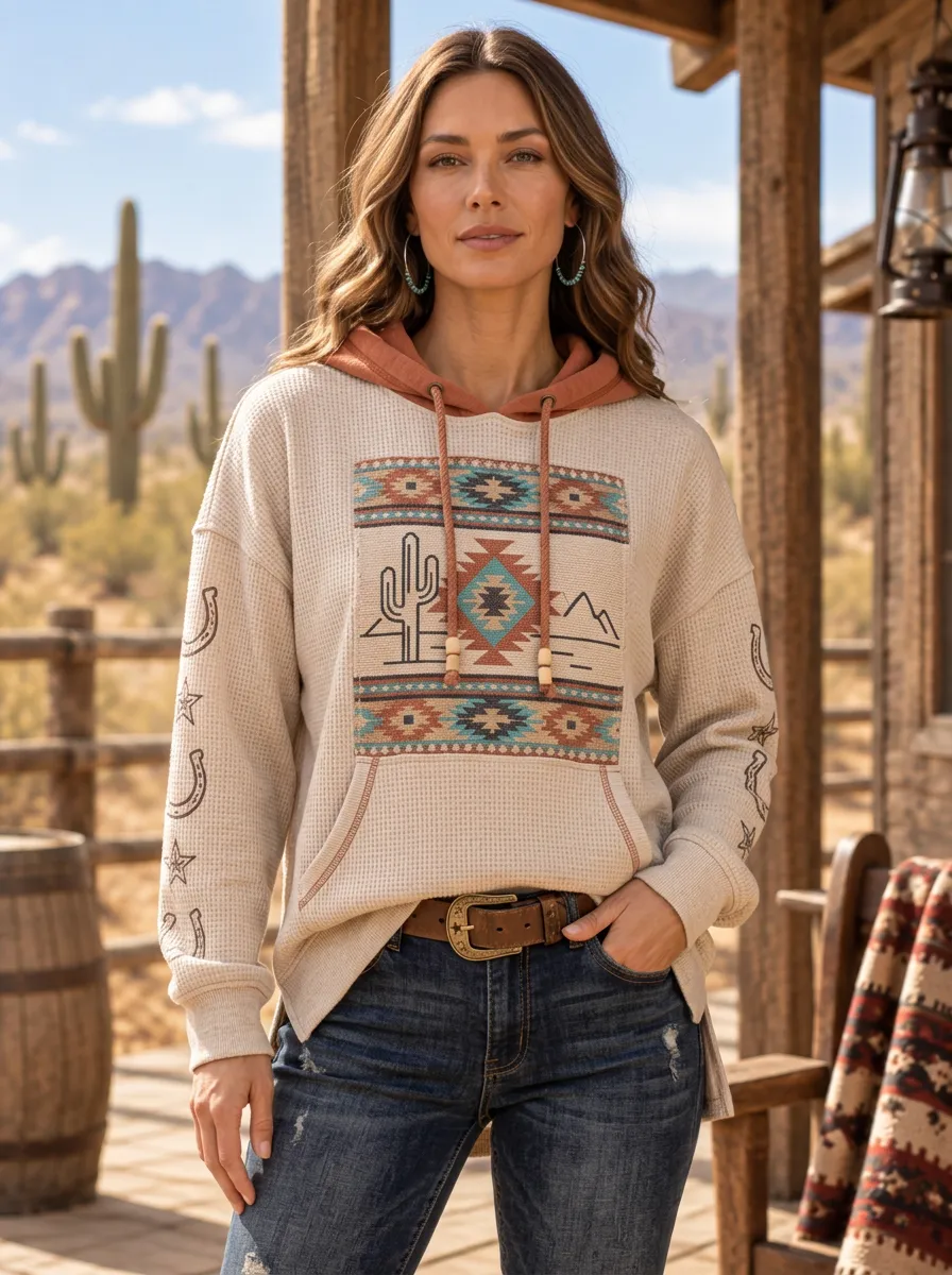 Women's Western Beige Waffle Knit Southwest Graphic Hoodie