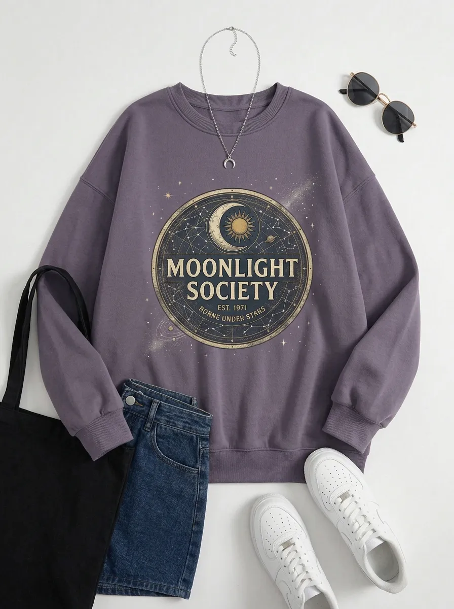 Women's Celestial Moonlight Society Sun Moon Stars Printed T-shirt
