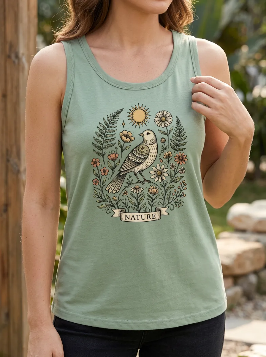 Women's Nature Lover Bird Floral Sun Printed Tank Top