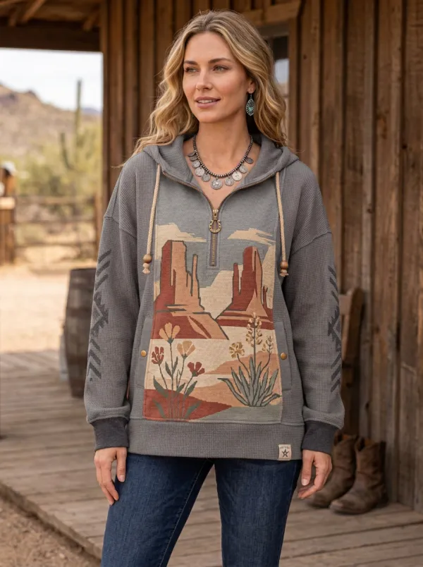 Women's Western Desert Landscape Printed Waffle Knit Hoodie