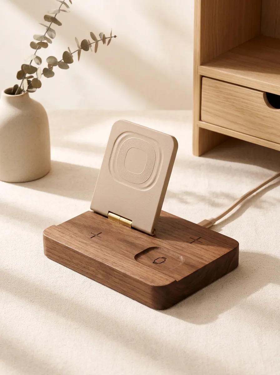 Unisex Tech Enthusiast Walnut Wood Foldable Wireless Charging Station