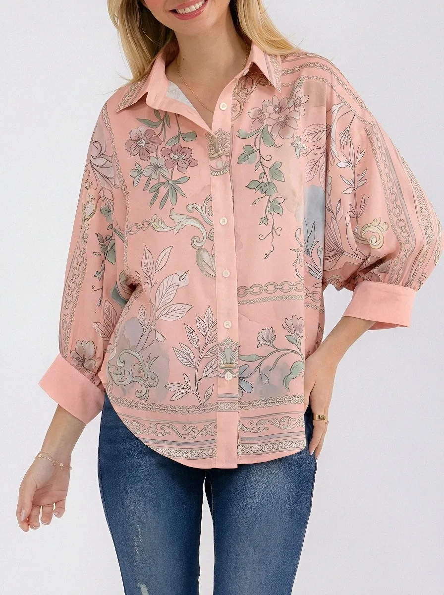 Women's Vintage Floral Chain Print Contrast Cuff Button-Down Shirt