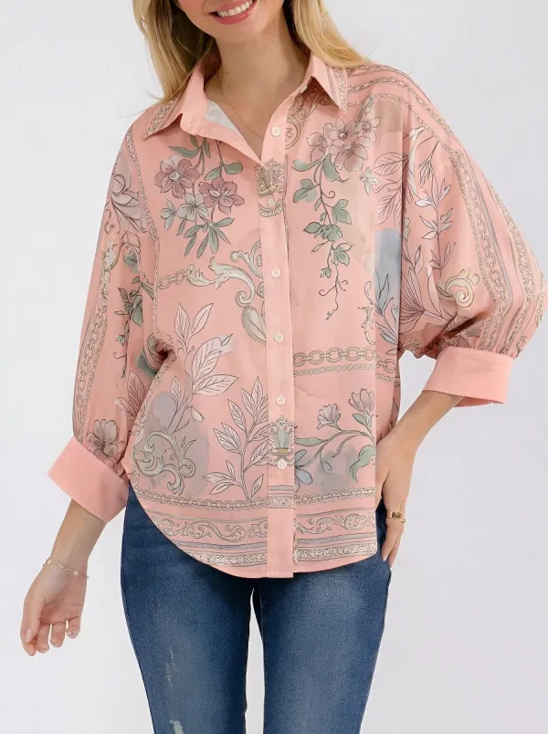 Women's Vintage Floral Chain Print Contrast Cuff Button-Down Shirt
