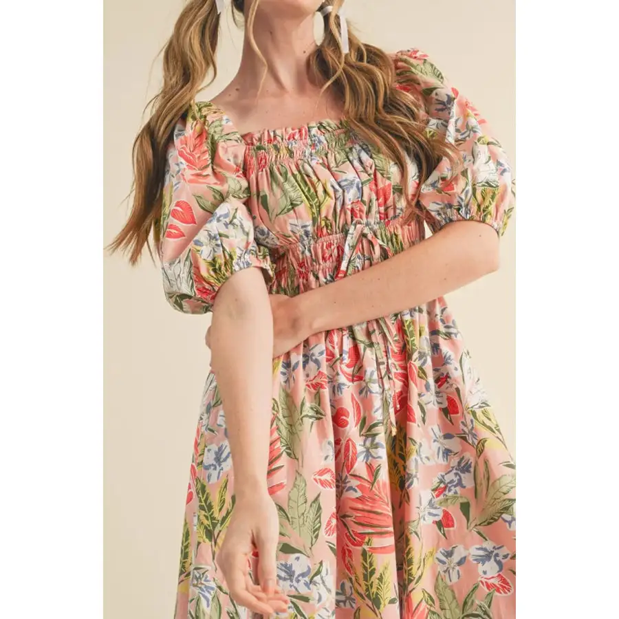 Smocked Square Neck Puff Short Sleeve Midi Dress