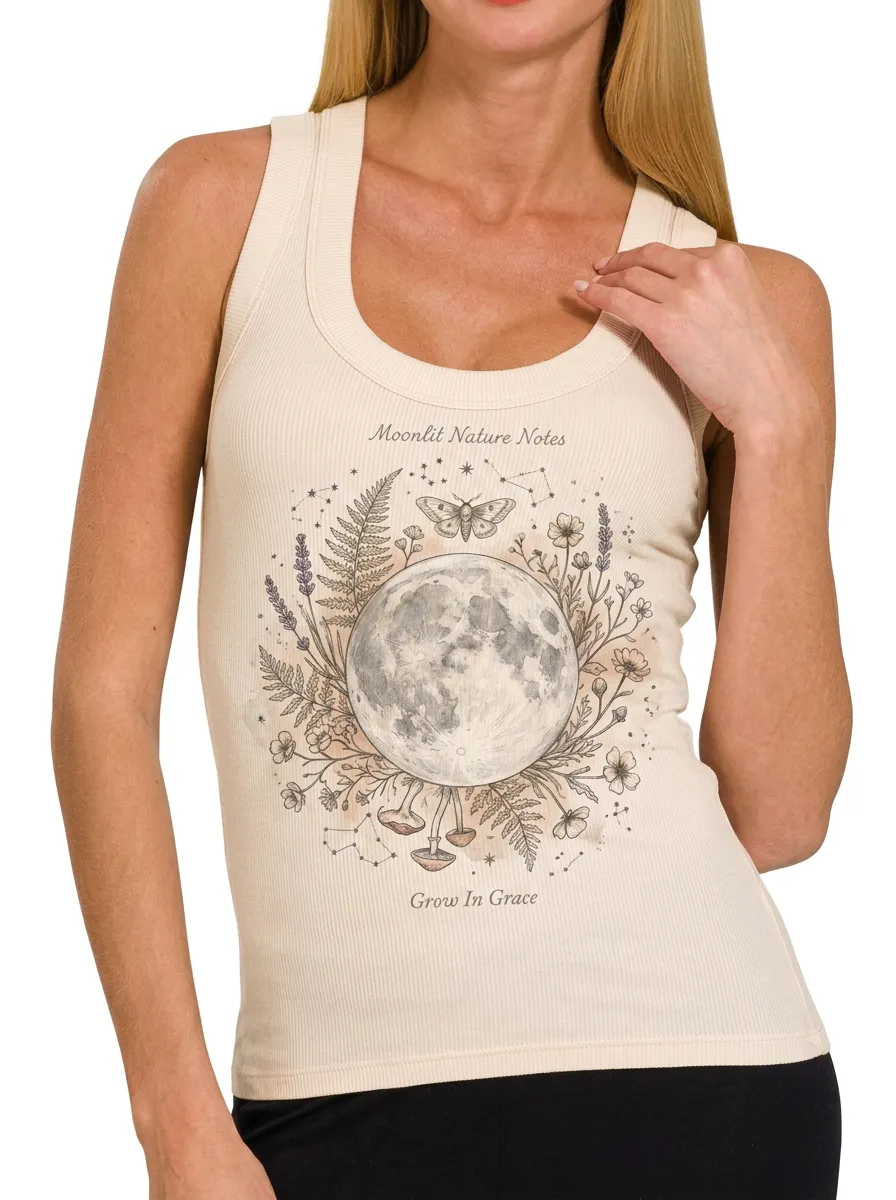 Women's Moonlit Nature Moth Floral Printed Ribbed Tank Top