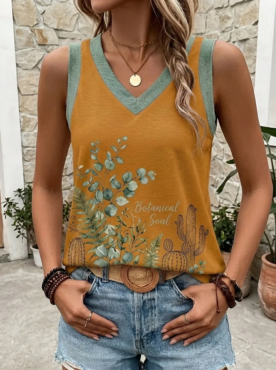 Women's Cactus Fern Printed V-Neck Tank Top