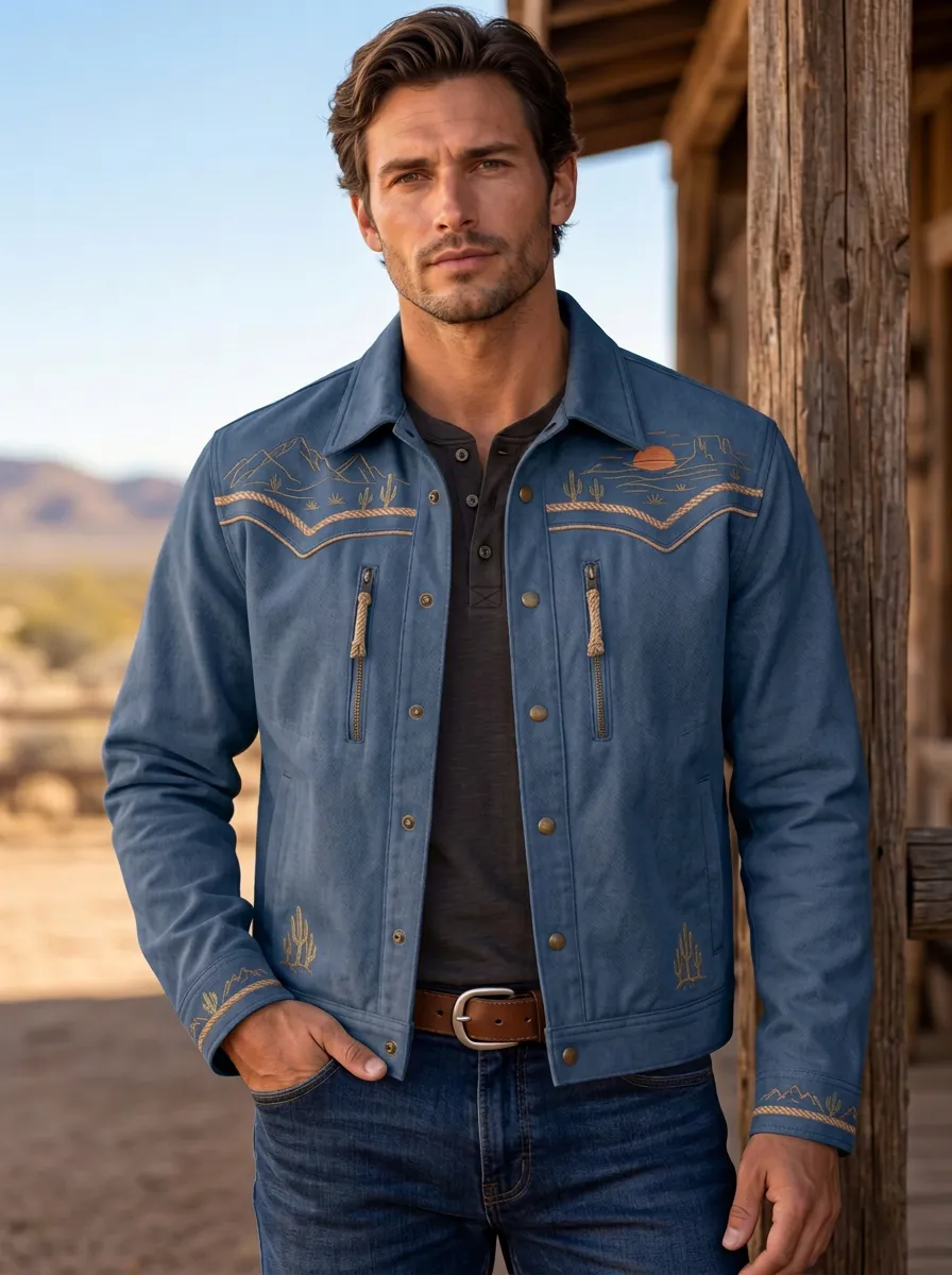 Desert Range Cactus Desert Mountain Artwork Men's Western Jacket