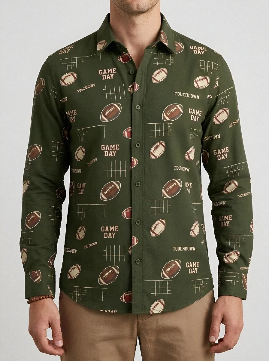 Men's Everyday American Football Game Day Touchdown Printed Button-Down Shirt
