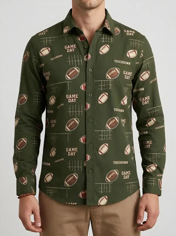 Men's Everyday American Football Game Day Touchdown Printed Button-Down Shirt