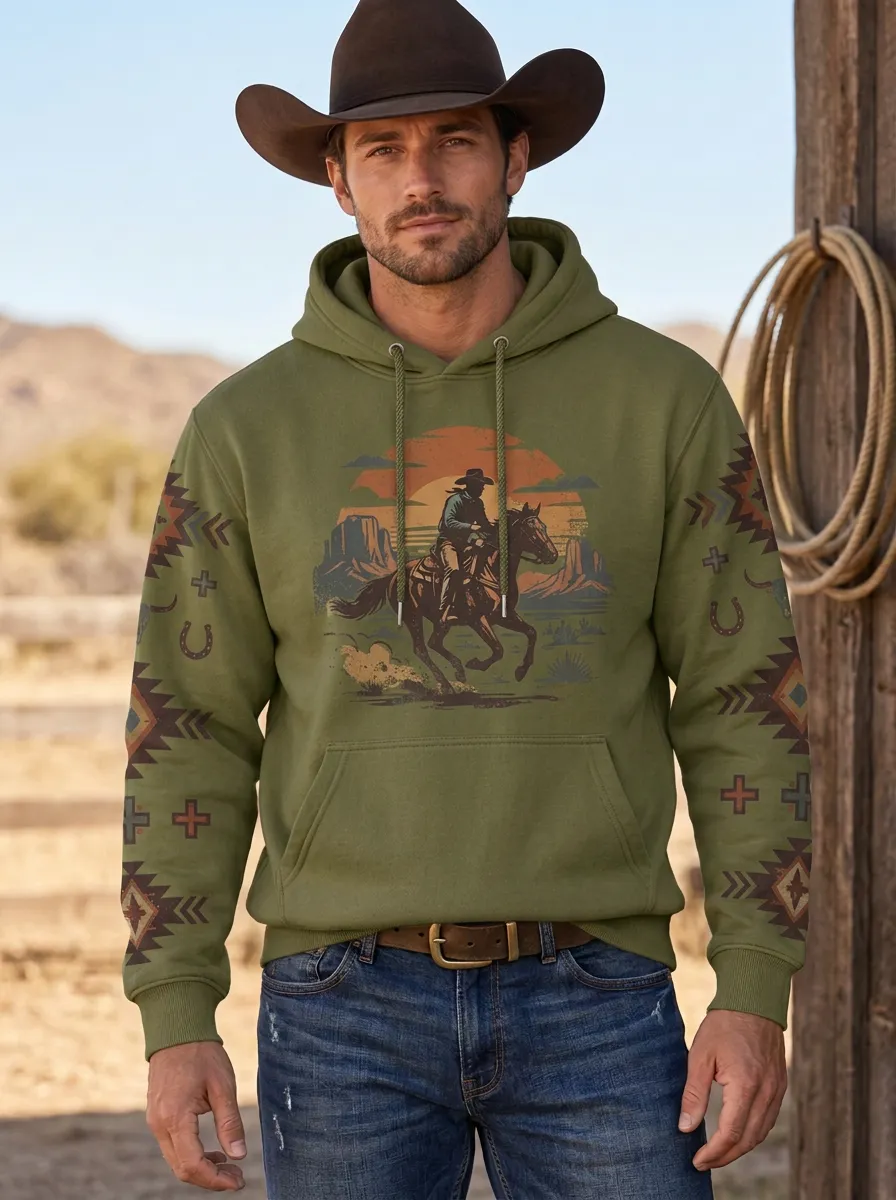 Men's Heritage Inspired Western Cowboy Horse Sunset Sun Graphic Hoodie