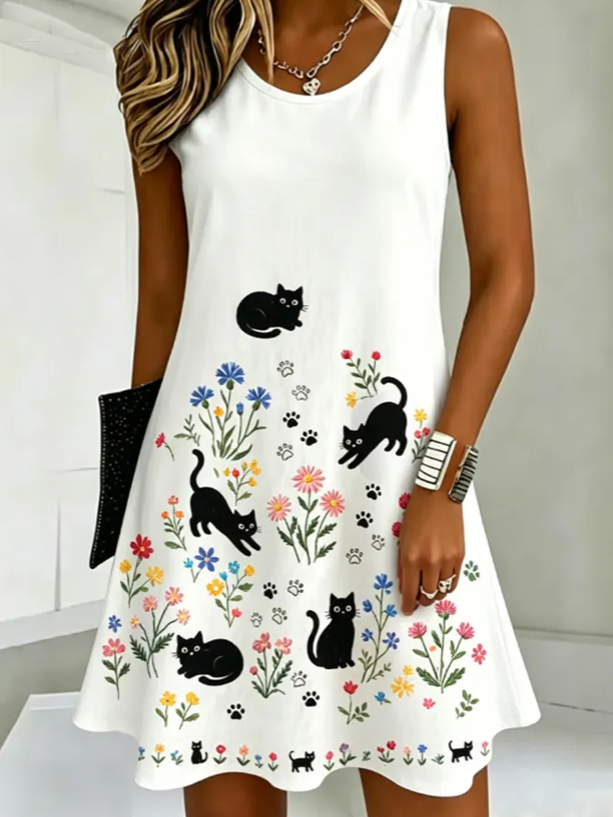 Women'S Cotton Linen Flower And Cat Print Dress