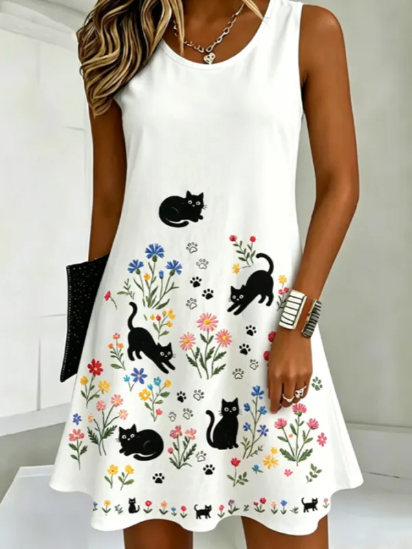 Women'S Cotton Linen Flower And Cat Print Dress