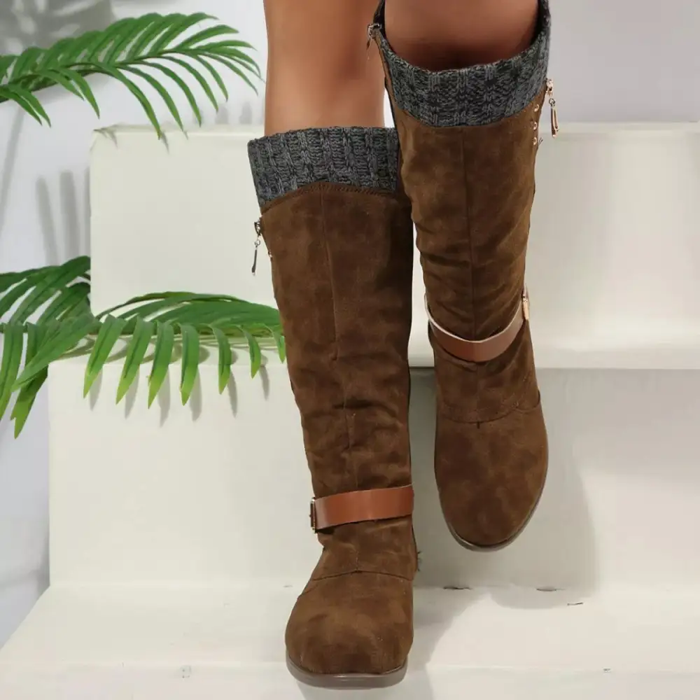 Ruffled Round Toe Block Heels Boots