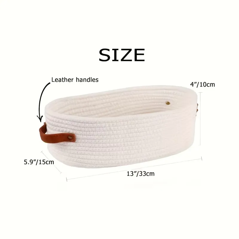 Woven Fabric Storage Basket with Leather Handles