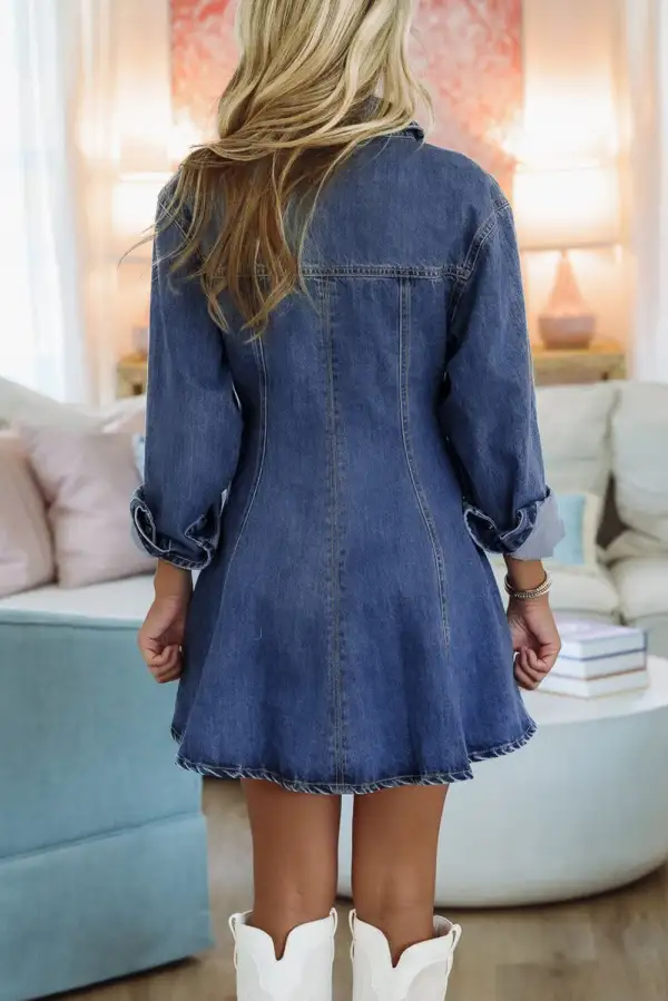 Denim Look Collared Long Sleeve Mini Dress