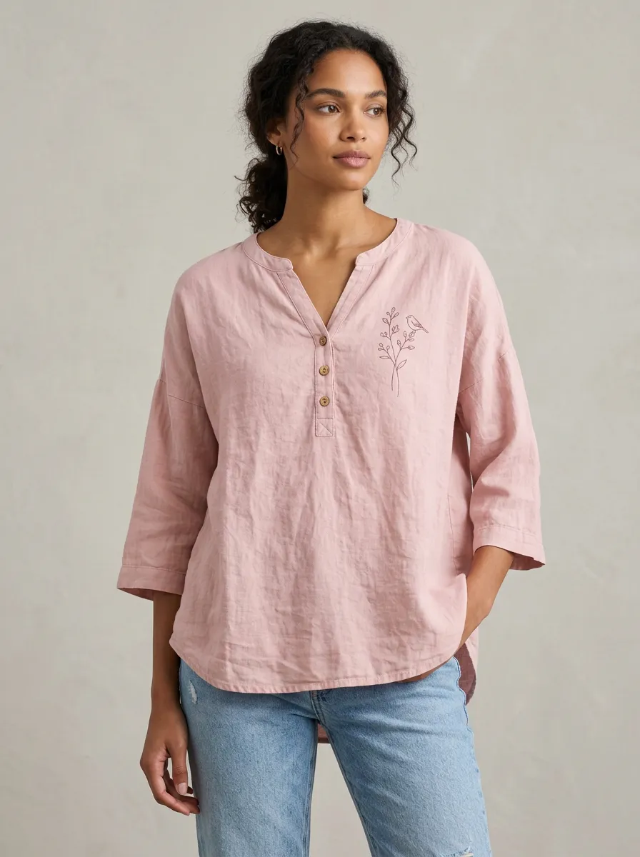 Women's Nature Lover Bird Floral Branch Printed Pink Henley Cotton And Linen Top
