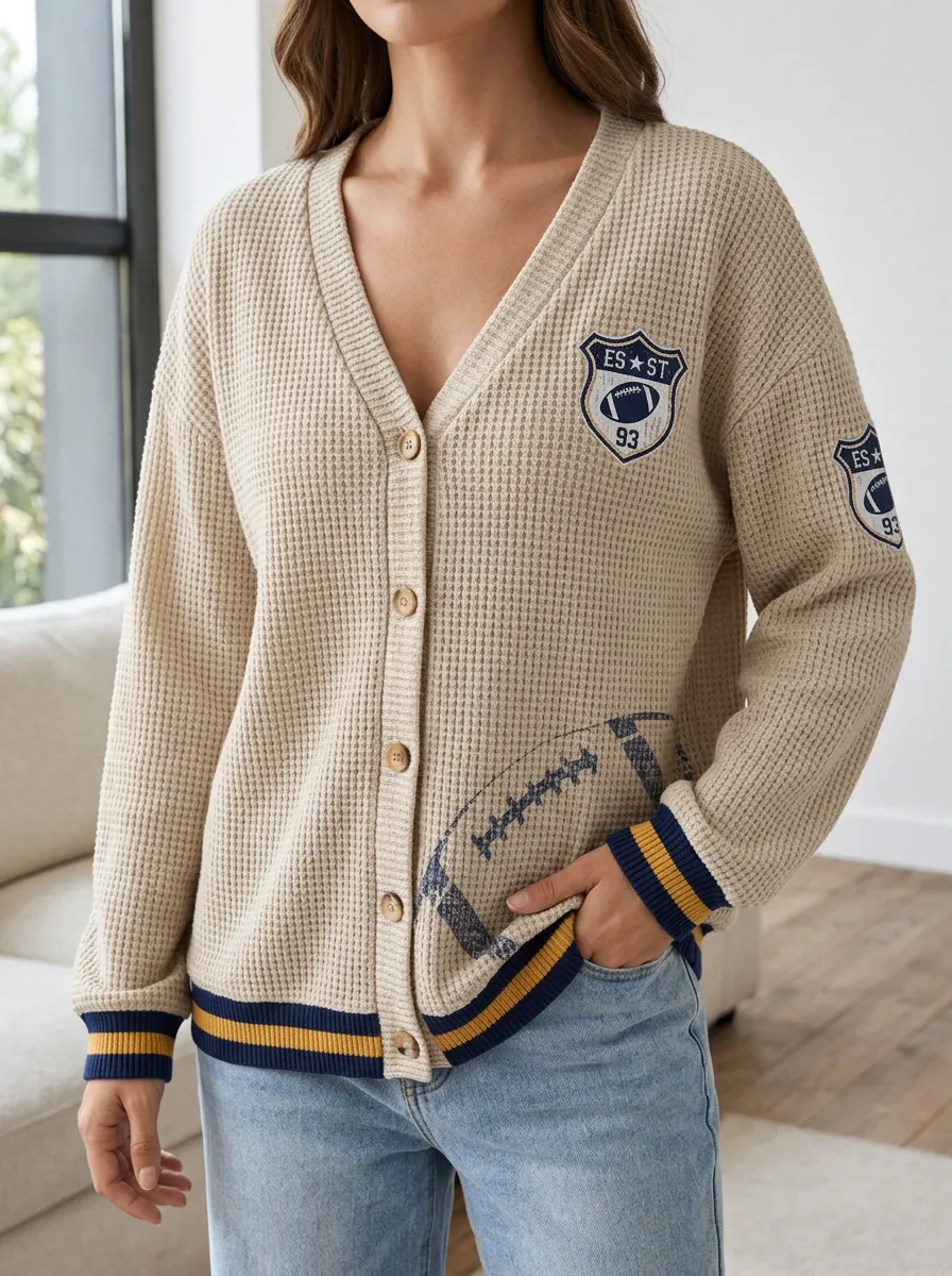 Women's Football Fan Varsity Badge Printed Waffle Knit Cardigan