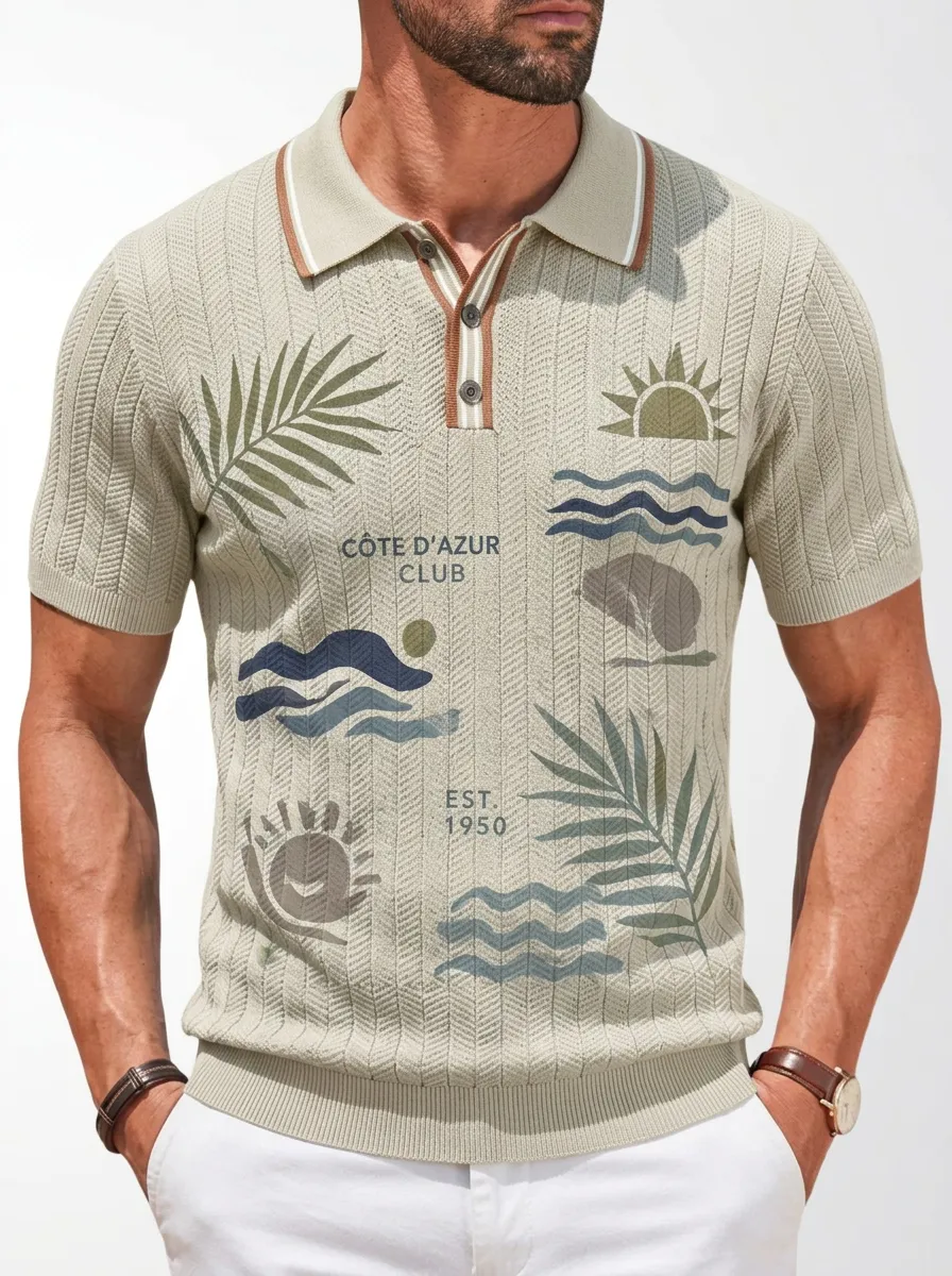 Men's Cote D'Azur Tropical Palm Sun Wave Printed Polo Shirt