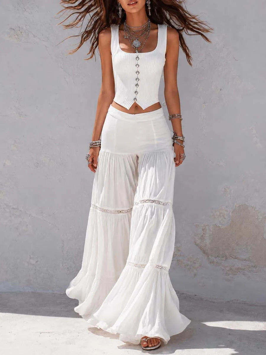 Bohemian White Ribbed Corset Top And Tiered Lace Pants Set