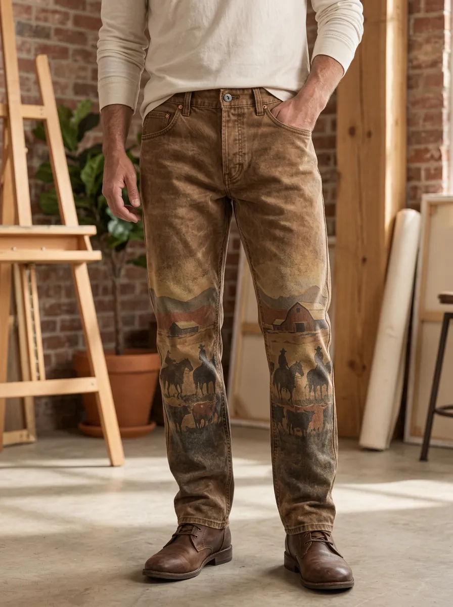 Men's Western Cowboy Farm Landscape Printed Pants